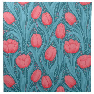 Tulips in blue and red cloth napkin
