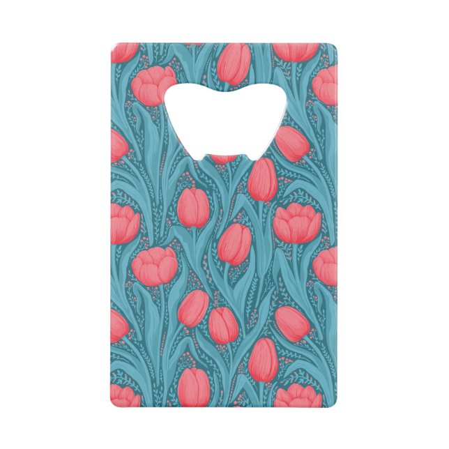 Tulips in blue and red credit card bottle opener (Front)