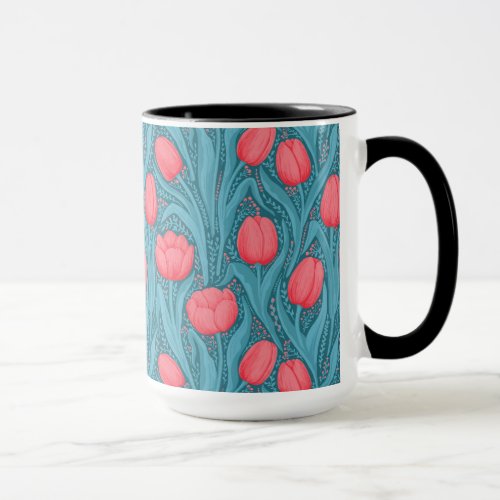 Tulips in blue and red mug