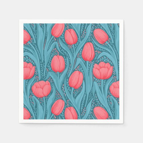 Tulips in blue and red napkins