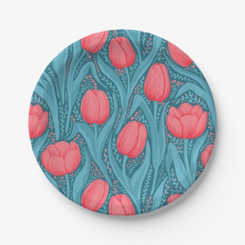 Tulips in blue and red paper plates