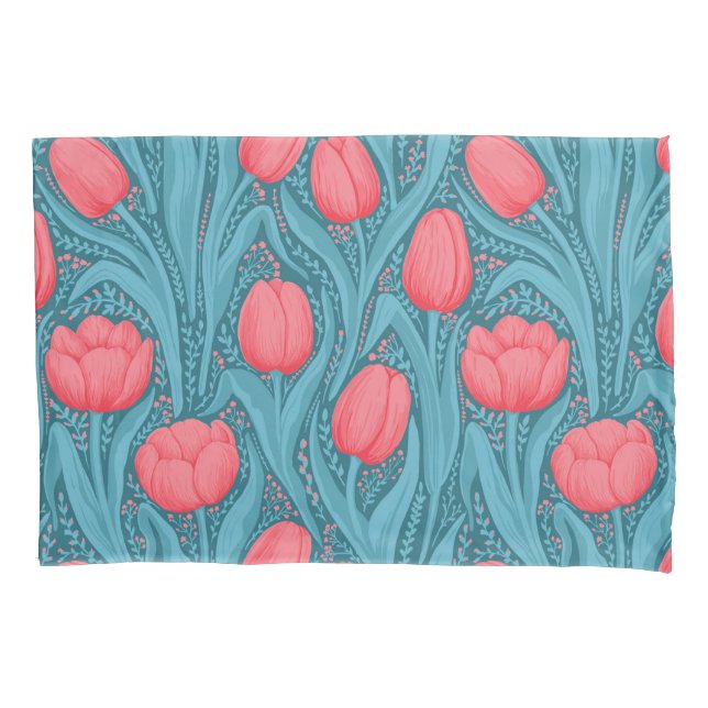Tulips in blue and red pillow case (Front-Left)