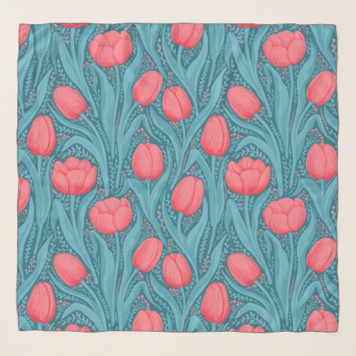 Tulips in blue and red scarf
