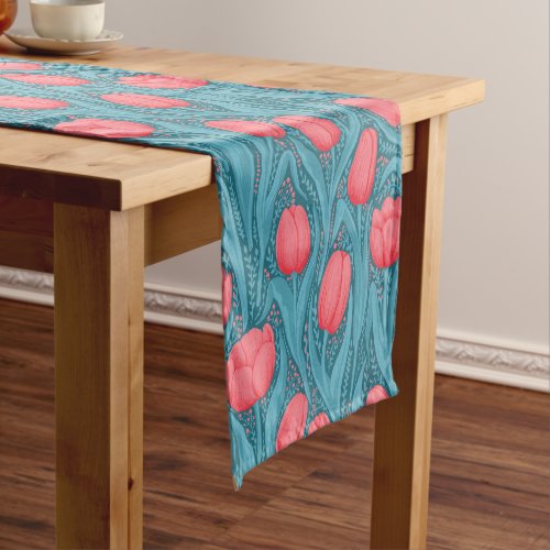 Tulips in blue and red short table runner