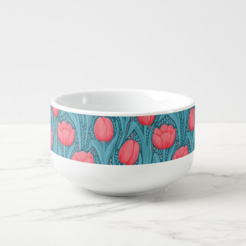 Tulips in blue and red soup mug