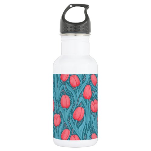 Tulips in blue and red stainless steel water bottle