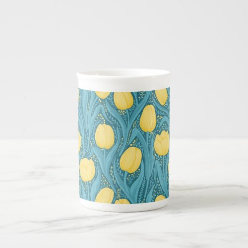 Tulips in blue and yellow bone china mug