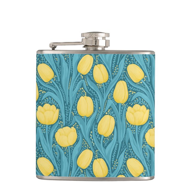 Tulips in blue and yellow flask (Front)