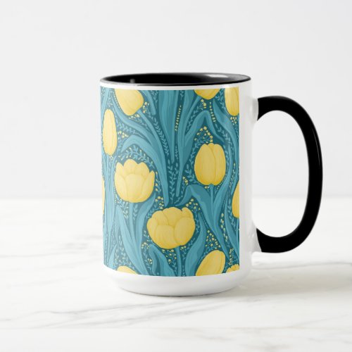 Tulips in blue and yellow mug