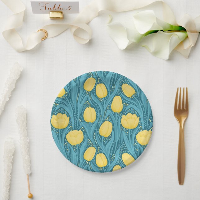 Tulips in blue and yellow paper plates (Wedding)