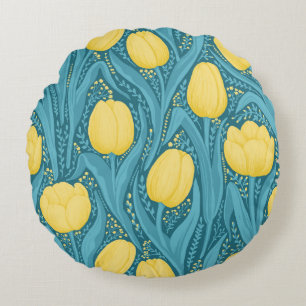 Tulips in blue and yellow round pillow