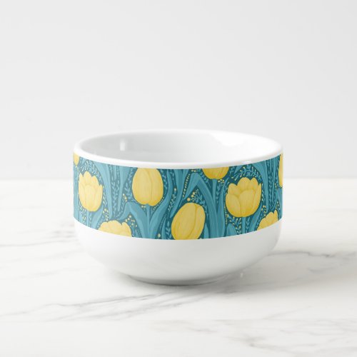 Tulips in blue and yellow soup mug