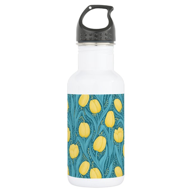 Tulips in blue and yellow stainless steel water bottle (Front)