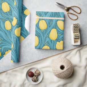Tulips in blue and yellow wrapping paper