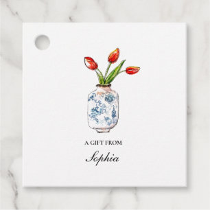 Tulips in blue & white vase favor tags