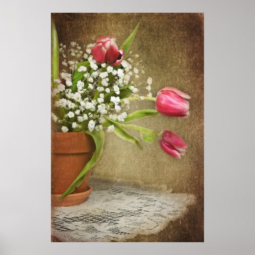 tulips in clay pot poster