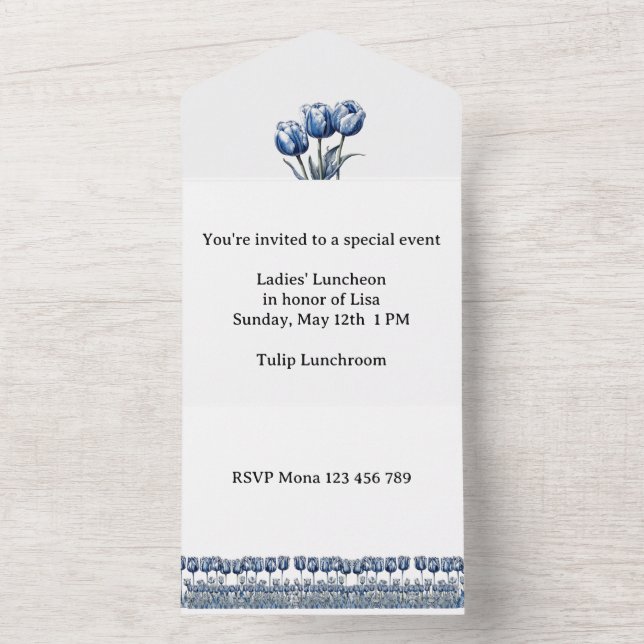 Tulips in Delft Blue customizable All In One Invitation (Inside)