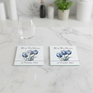 Tulips in Delft Blue customizable Glass Coaster