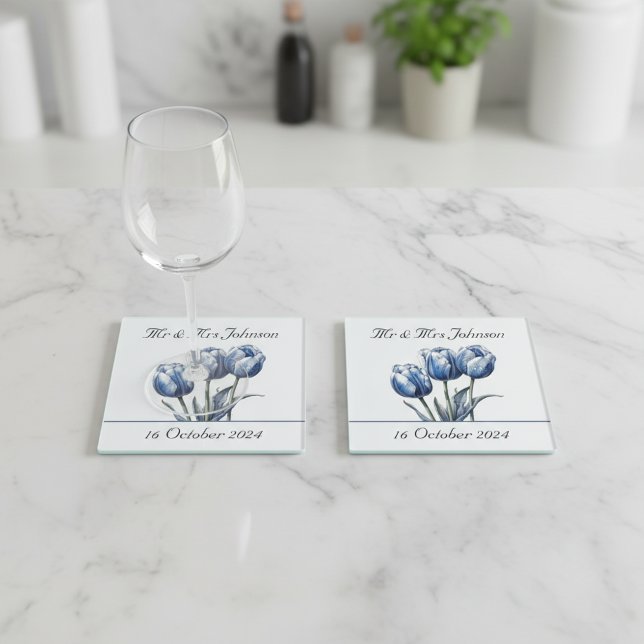 Tulips in Delft Blue customizable Glass Coaster (Creator Uploaded)