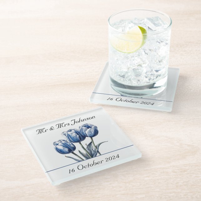 Tulips in Delft Blue customizable Glass Coaster (Angled)