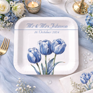 Tulips in Delft Blue customizable Paper Plates