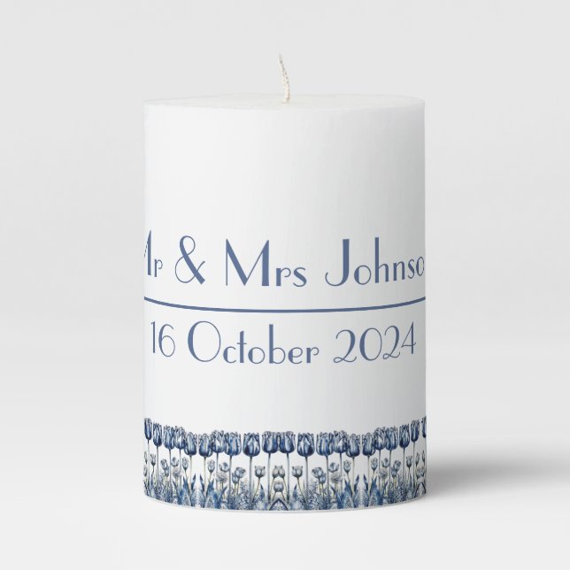 Tulips in Delft Blue customizable Pillar Candle (Front)