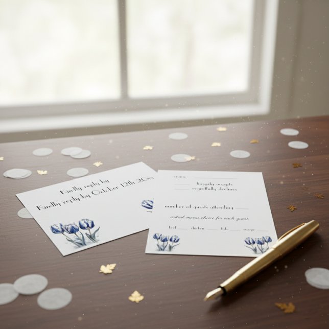 Tulips in Delft Blue customizable  RSVP Card (Creator Uploaded)