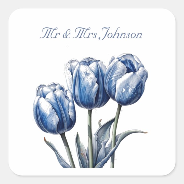 Tulips in Delft Blue, customizable  Square Sticker (Front)