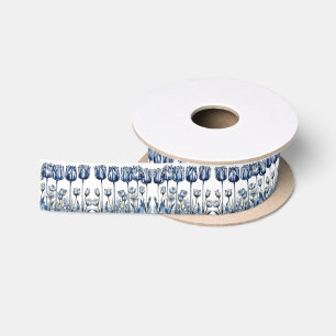 Tulips in Delft Blue Satin Ribbon