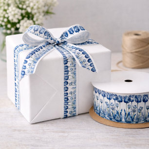 Tulips in Delft Blue  Satin Ribbon