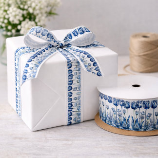 Tulips in Delft Blue  Satin Ribbon