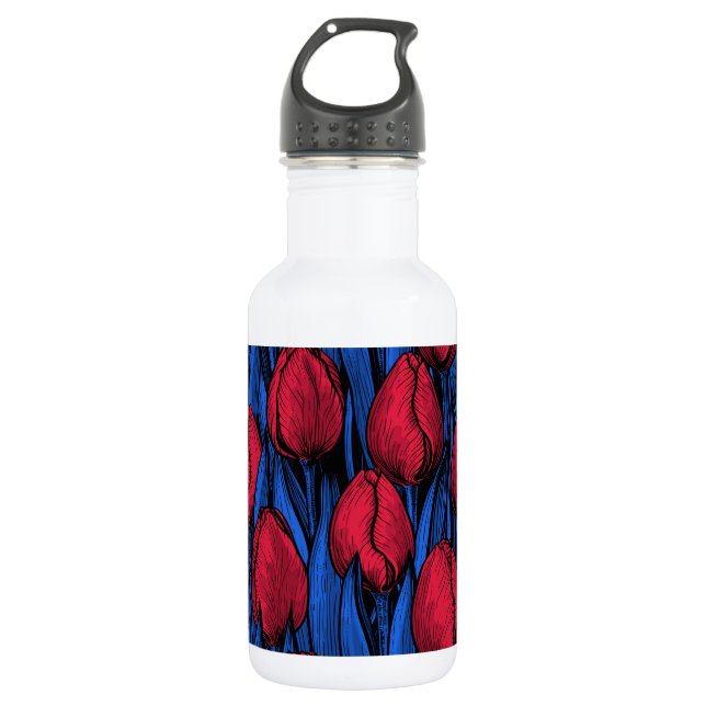 Tulips in red and blue stainless steel water bottle (Front)