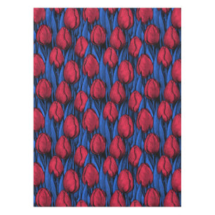 Tulips in red and blue tablecloth
