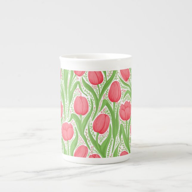 Tulips in red and green bone china mug (Front)