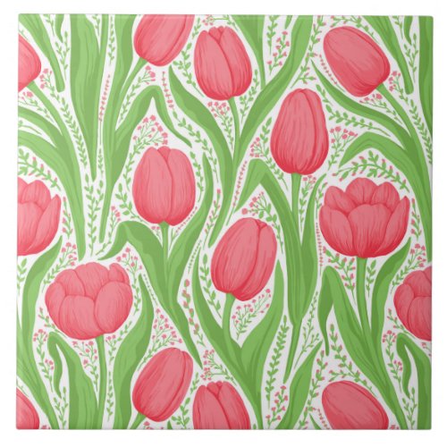 Tulips in red and green ceramic tile
