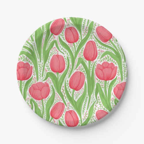 Tulips in red and green paper plates