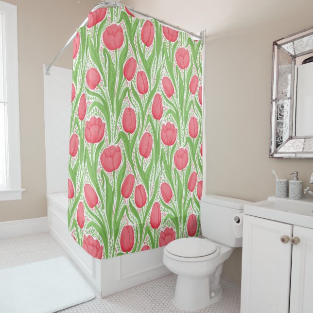 Tulips in red and green shower curtain (In Situ)