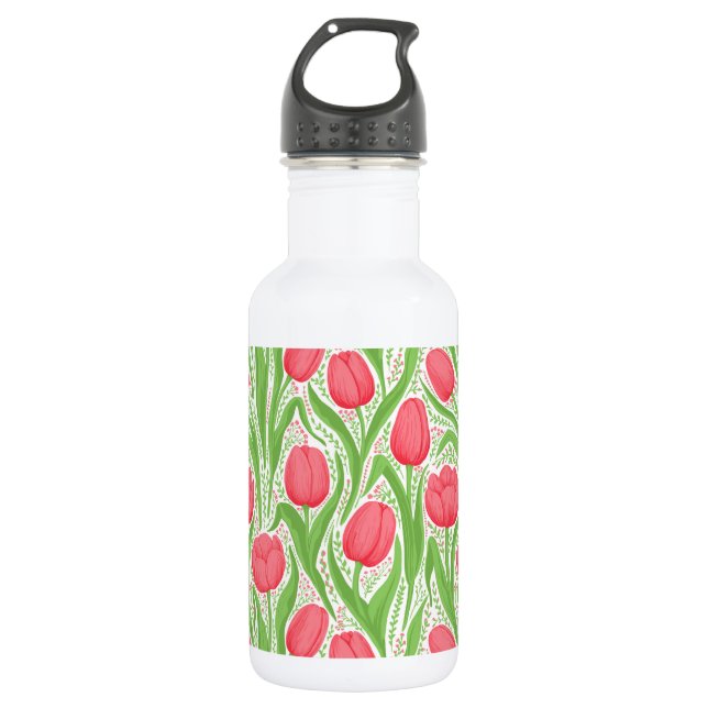 Tulips in red and green stainless steel water bottle (Front)