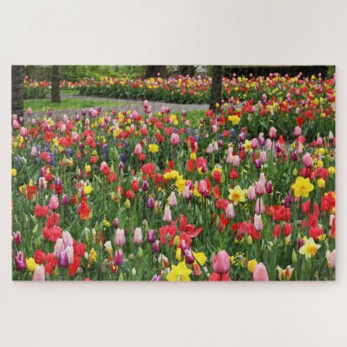 Tulips In Springtime Garden Path Colorful Large Jigsaw Puzzle
