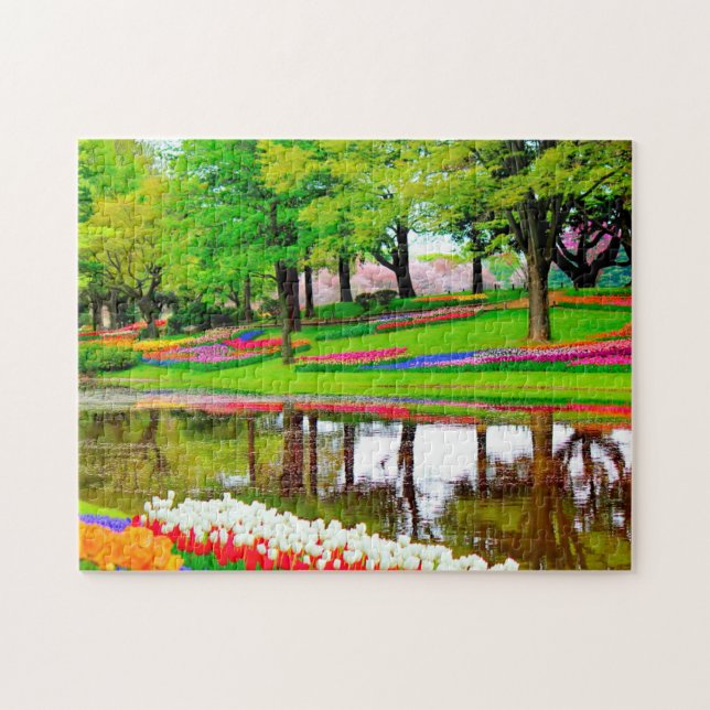 Tulips In Springtime Garden Pond Colorful  Jigsaw Puzzle (Horizontal)