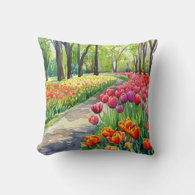 Tulips in The Park Throw Pillow (Front)