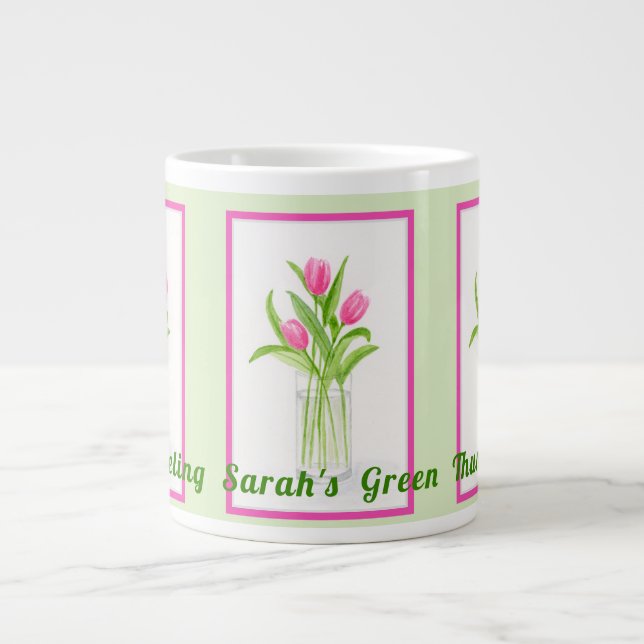 Tulips in Water Handpainted Watercolor PERSONALIZE Giant Coffee Mug (Front)