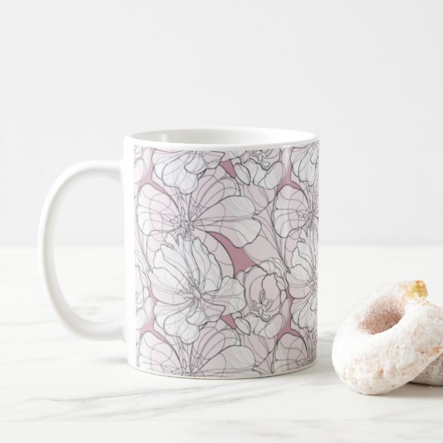 Tulips Line Drawing Coffee Mug (With Donut)