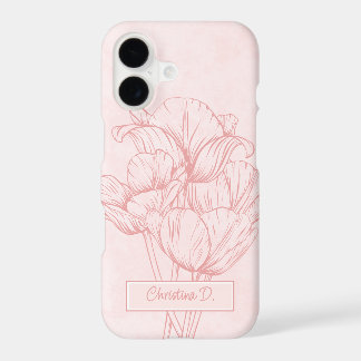 Tulips Line Drawing on Pale Pink Grunge with Name iPhone 17 Case