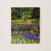 Tulips of table in garden, Keukenhof Gardens,