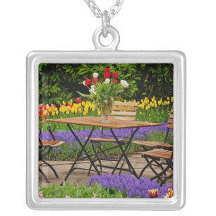 Tulips of table in garden, Keukenhof Gardens, Silver Plated Necklace
