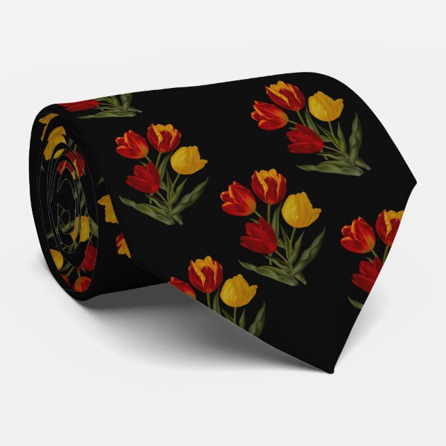 Tulips on Black Neck Tie (Rolled)