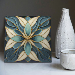 Tulips on Blue Symmetric Art Nouveau Ceramic Tile