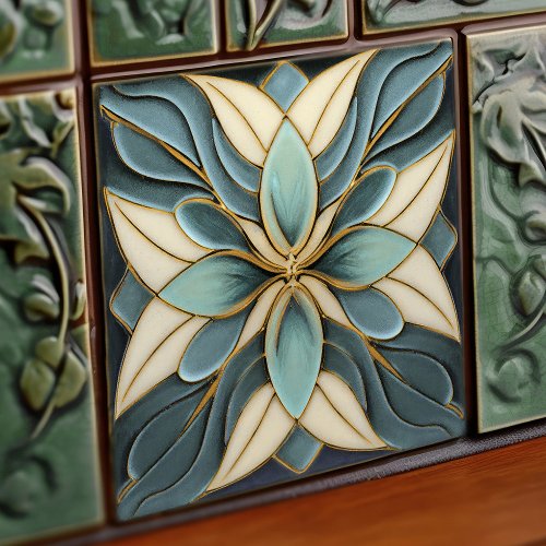 Tulips on Muted Blue Art Nouveau White Ceramic Tile