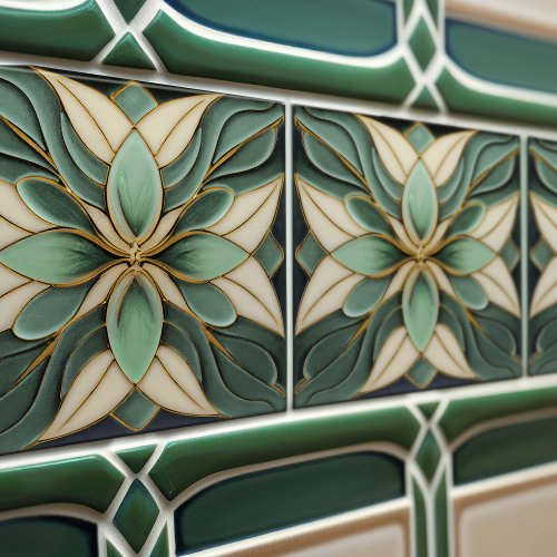 Tulips on Sage Symmetric Art Nouveau Ceramic Tile